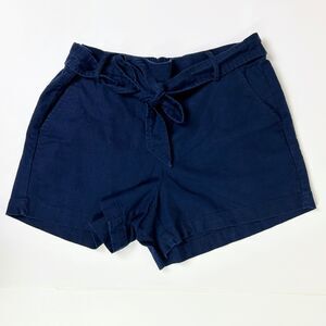 J. Crew Tie Waist Linen Cotton Shorts Navy Blue Beach Seaside Pockets Belt Sz 12